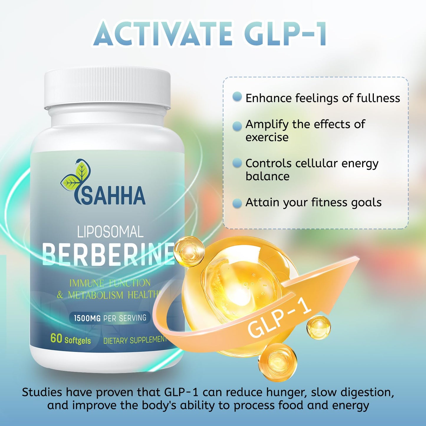 Sahha Liposomal Berberine HCL 1500mg – Supports AMPK & GLP-1 Activation, High Bioavailability – 3 Pack