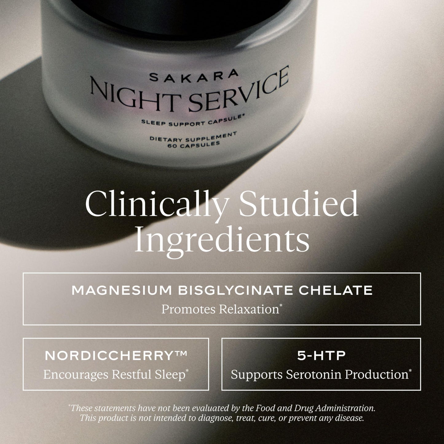 SAKARA Night Service Sleep Support – Magnesium Glycinate, NordicCherry™, 5-HTP | 60 Capsules
