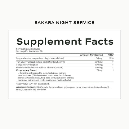 SAKARA Night Service Sleep Support – Magnesium Glycinate, NordicCherry™, 5-HTP | 60 Capsules