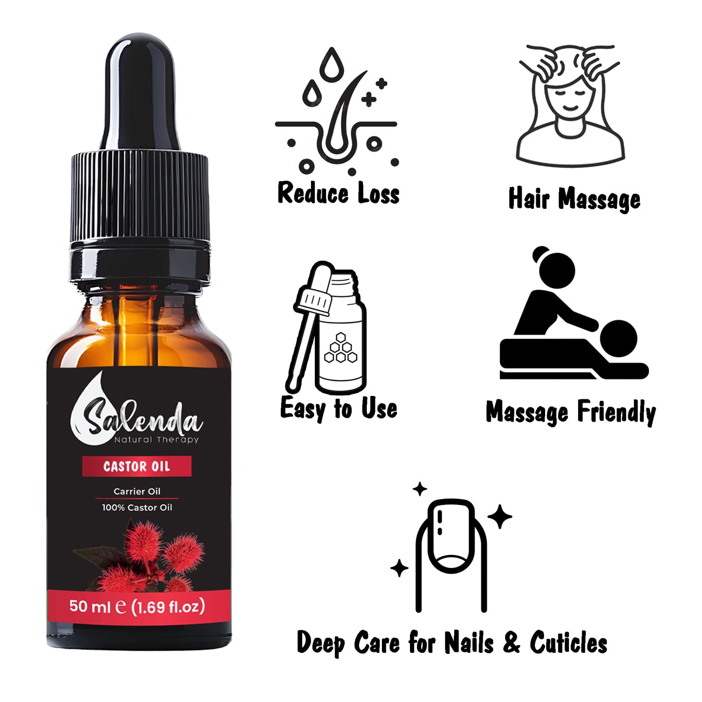 Salenda Castor Oil for Hair Growth – 100% Pure, Cold-Pressed, Eyelashes & Brows Serum, Skin Moisturizer Starter Kit 1.69 fl oz (50 ml)