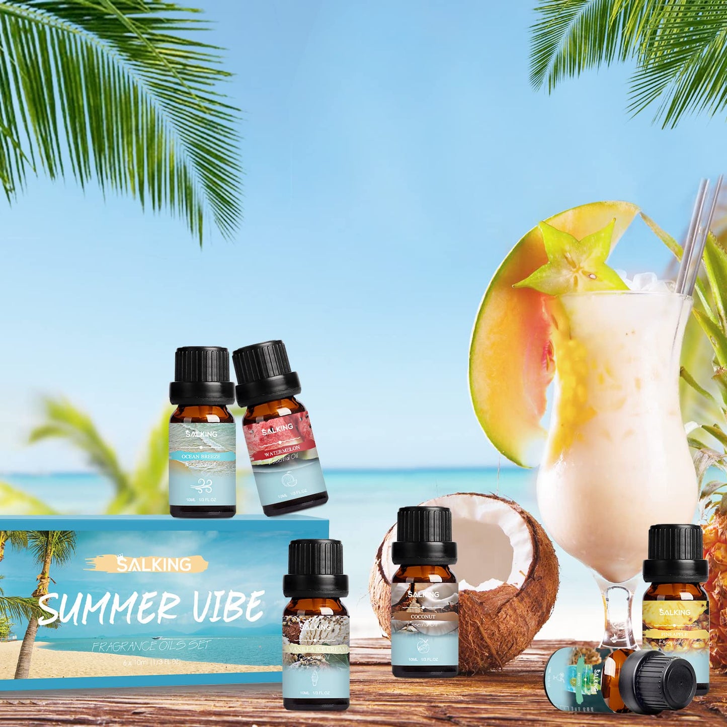 SALKING Summer Fragrance Oils Set – Premium Diffuser & DIY Scents (Ocean Breeze, Mojito, Coconut, Pineapple, Watermelon, Vanilla Ice Cream)