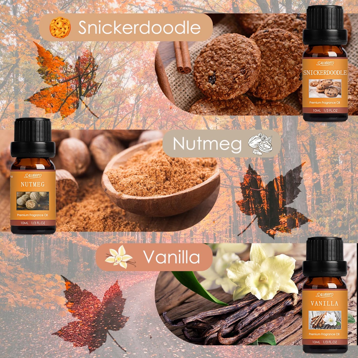 SALUBRITO Fall Fragrance Oils Set – 6x10ml Autumn Essential Oils for Diffuser, Candle Making & Aromatherapy