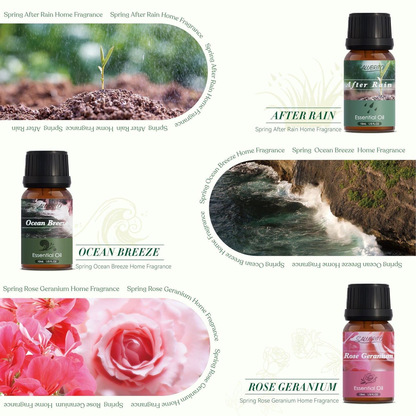 SALUBRITO Spring Fragrance Oils Set, Premium Essential Oils for Diffuser, Candle, Soap Making, After Rain, Gardenia, Fresh Cut Grass, Ocean Breeze, Freesia, Rose Geranium, Strong Scented Oils