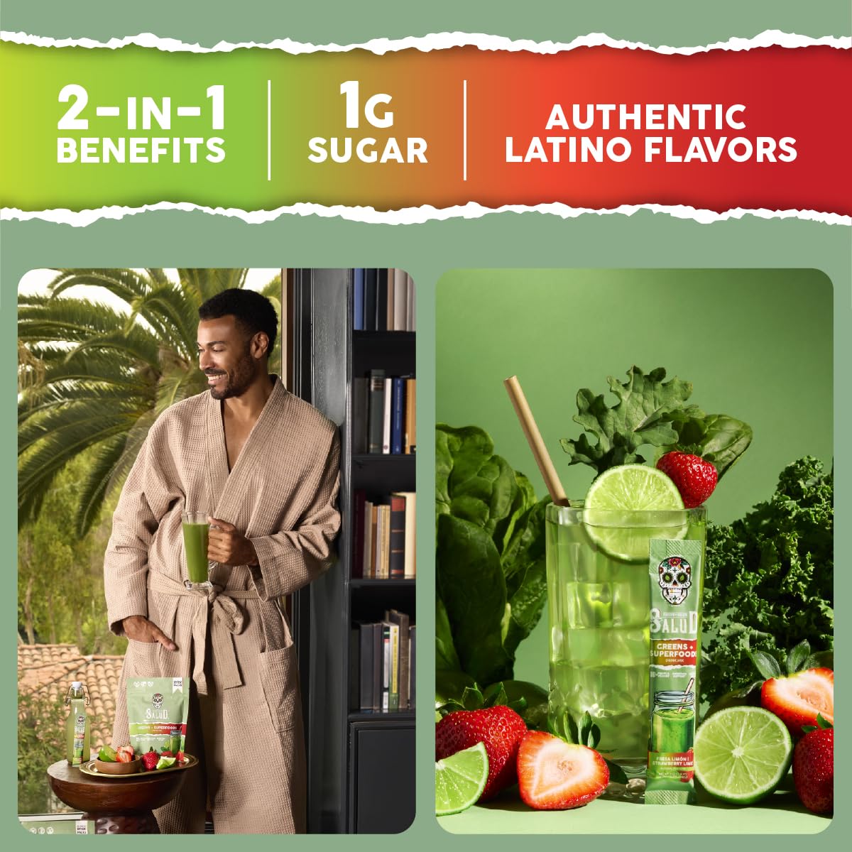 Salud 2-in-1 Greens Powder + Superfood Drink Mix – Strawberry Lime, 15 Servings (Vegan)