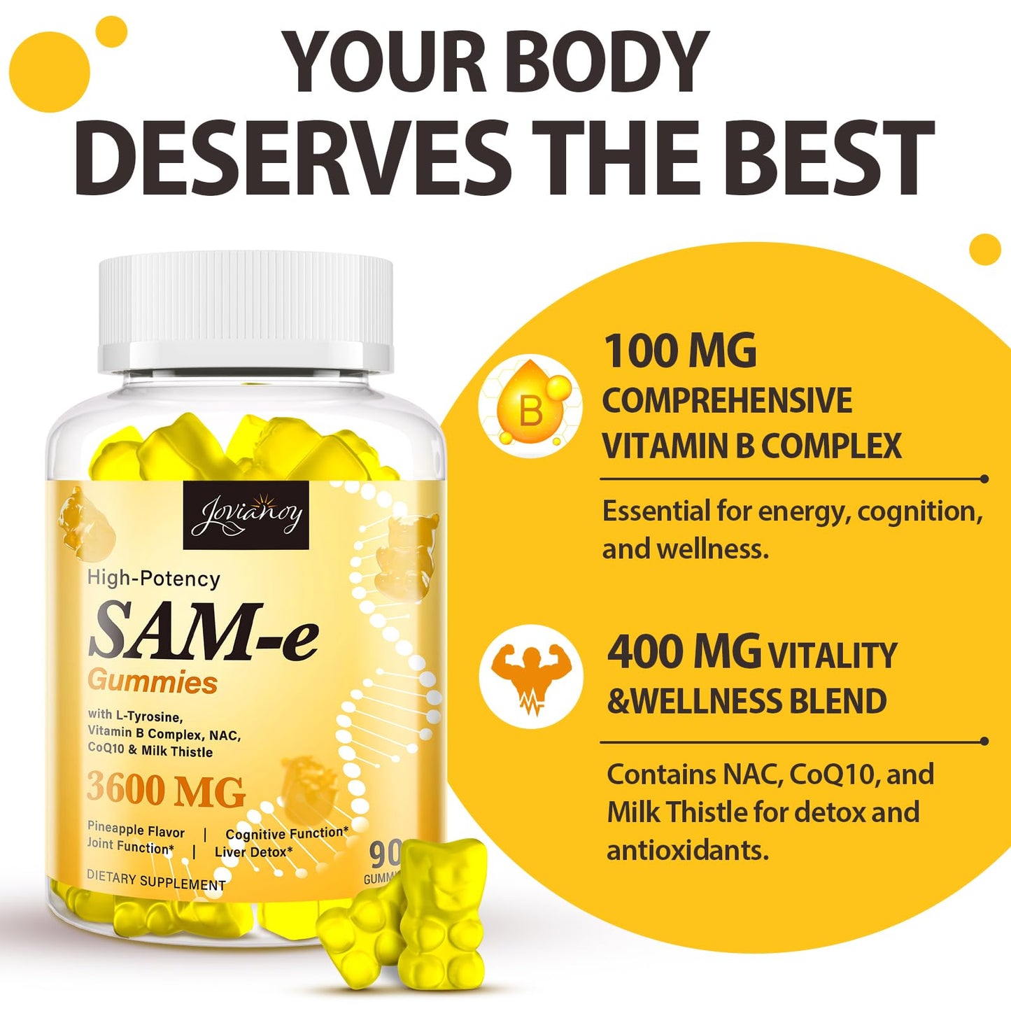 SAM-e Gummies with L-Tyrosine & NAC – Pineapple, 180 Gummies | Vegan