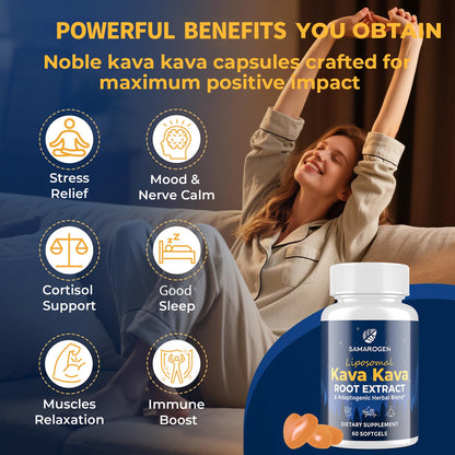 Samarogen Kava Kava Capsules – Liposomal 55% Kavalactones with Ashwagandha, Chamomile, Lemon Balm & Passionflower (60 Softgels)