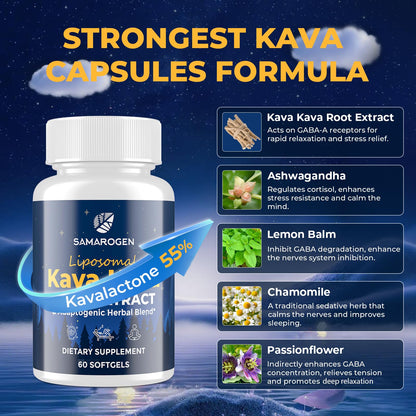 Samarogen Kava Kava Capsules – Liposomal 55% Kavalactones with Ashwagandha, Chamomile, Lemon Balm & Passionflower (60 Softgels)