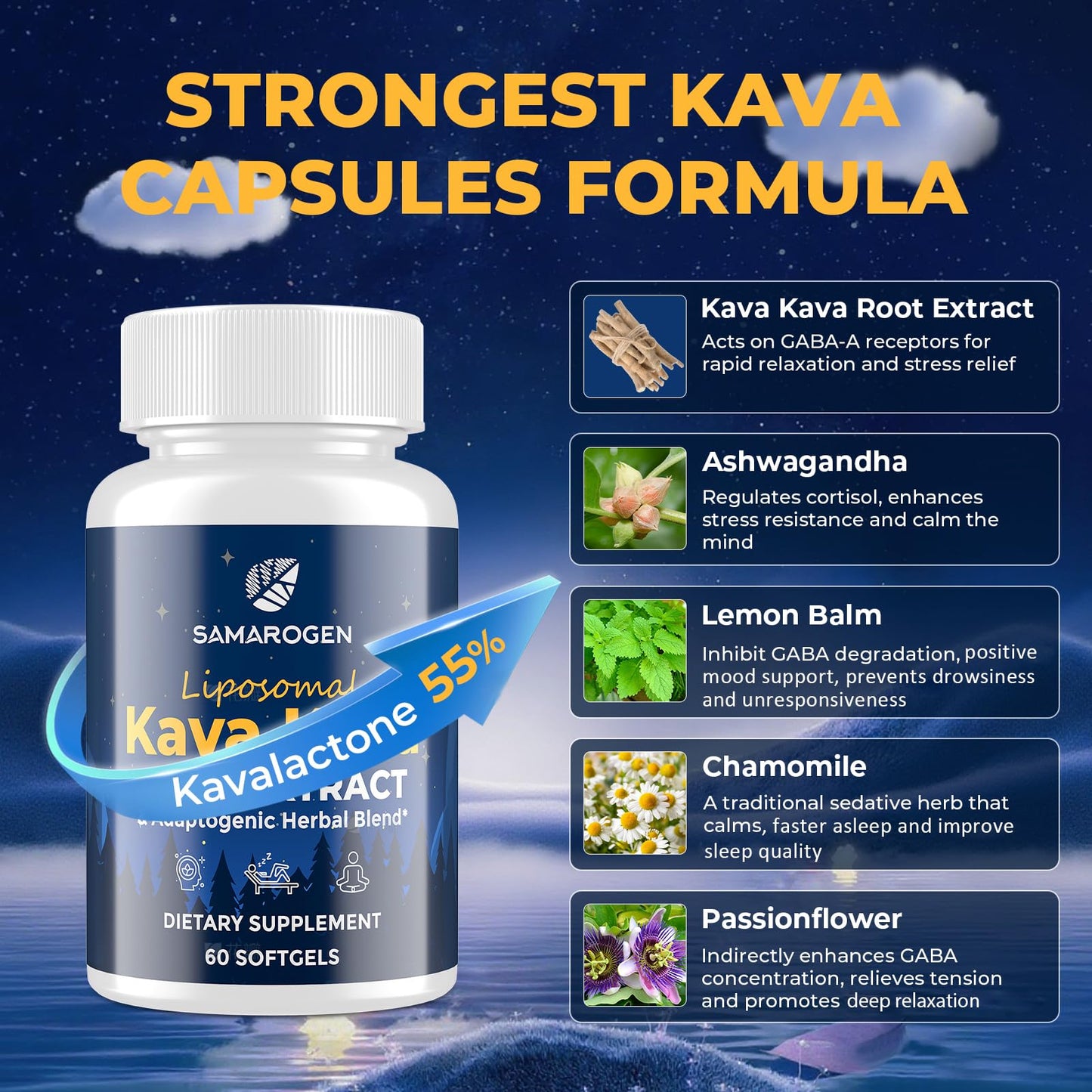 Samarogen Kava Kava Capsules — Liposome 55% Kavalactones with Ashwagandha & Sleep Support (120 Softgels)