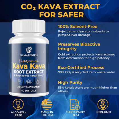 Samarogen Kava Kava Capsules – Liposomal 55% Kavalactones with Ashwagandha, Chamomile, Lemon Balm & Passionflower (60 Softgels)