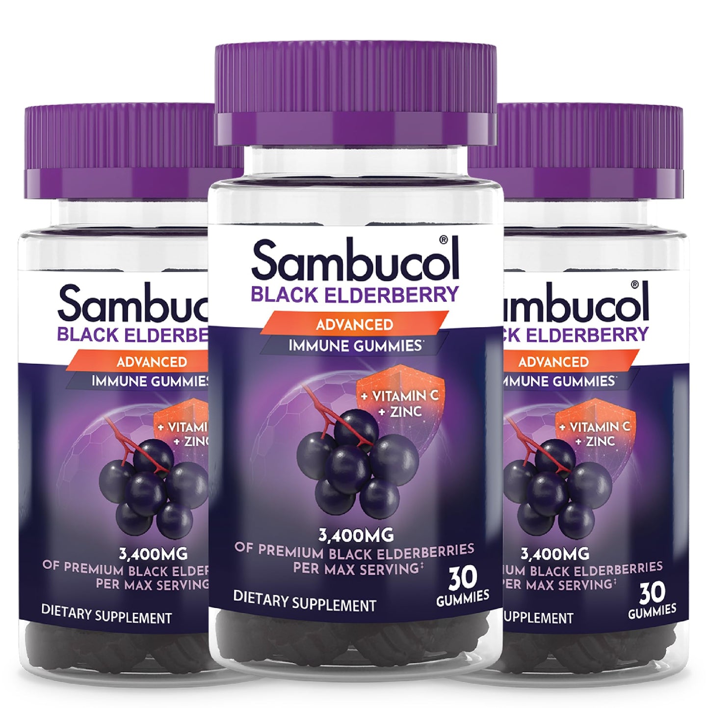 Sambucol Black Elderberry Gummies – Immune Support with Zinc & Vitamin C for Adults | 30 Count x 3-Pack