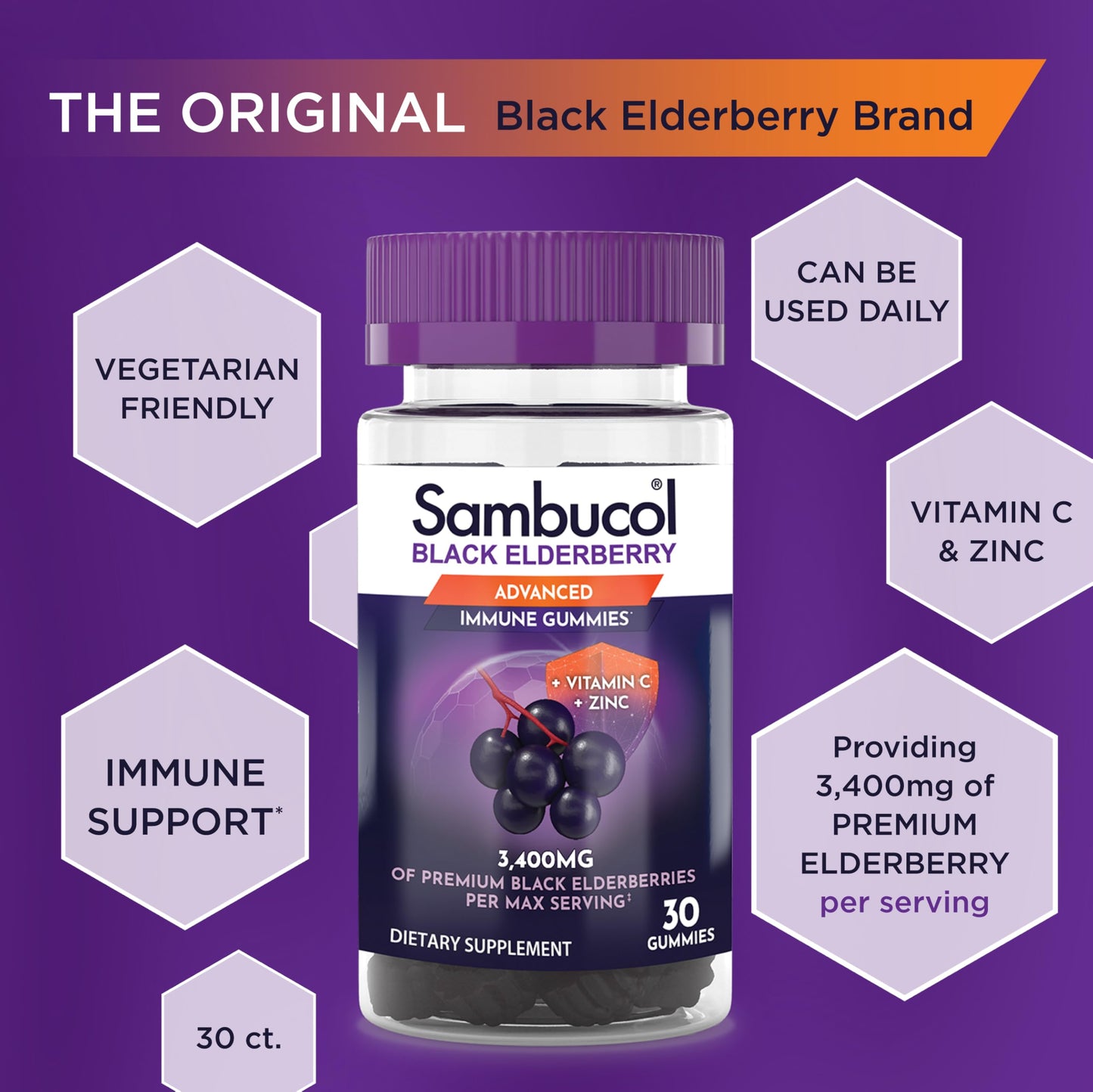 Sambucol Black Elderberry Gummies – Immune Support with Zinc & Vitamin C for Adults | 30 Count x 3-Pack