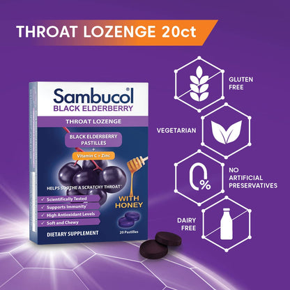 Sambucol Black Elderberry Throat Lozenges with Honey, Vitamin C & Zinc – 20 Count, 2-Pack