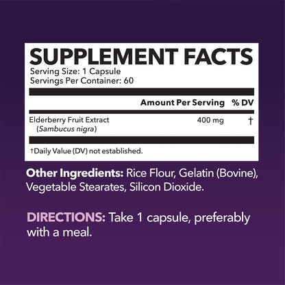 Sambucus Black Elderberry Capsules - Immune Support (400mg) - 60 Count - Vegetarian-Friendly, Non-GMO, Unflavored