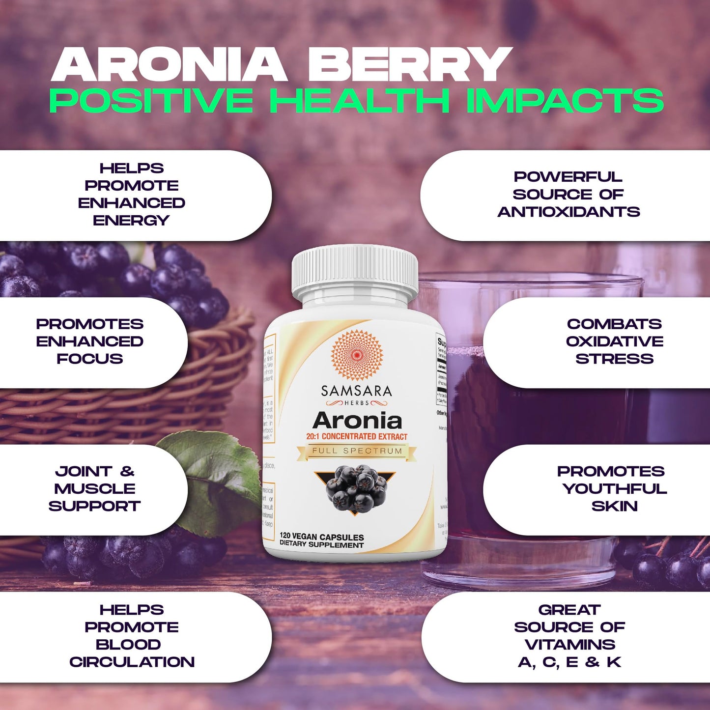 Samsara Herbs Aronia Berry 20:1 Extract | 120x500mg Capsules | Antioxidant & High ORAC
