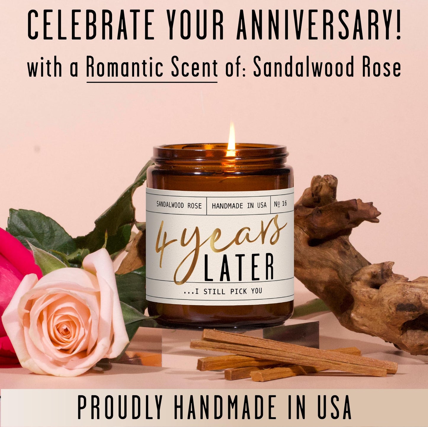 4th Anniversary Gift for Wife – Sandalwood Rose Soy Candle | 50-Hour Burn | USA Made