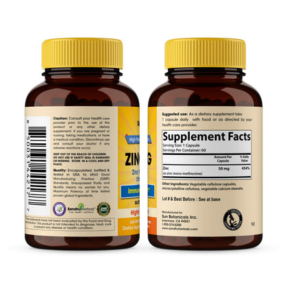 Sandhu Herbals Zinc 50mg – Monomethionine, Immune Support | 60 Capsules
