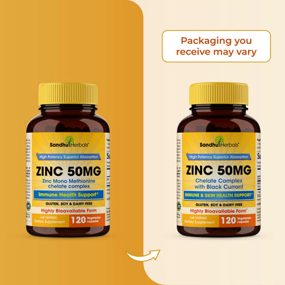 SANDHUHERBALS Zinc Supplements with Black Currant for Men and Women | Zinc 50mg 120 Vegetarian Capsules (Pack of 2) | Highly Absorbable for Immune Support | Zink 50 mg Supplement Supports Skin Health