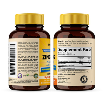 SANDHUHERBALS Zinc Supplements with Black Currant for Men and Women | Zinc 50mg 120 Vegetarian Capsules (Pack of 2) | Highly Absorbable for Immune Support | Zink 50 mg Supplement Supports Skin Health