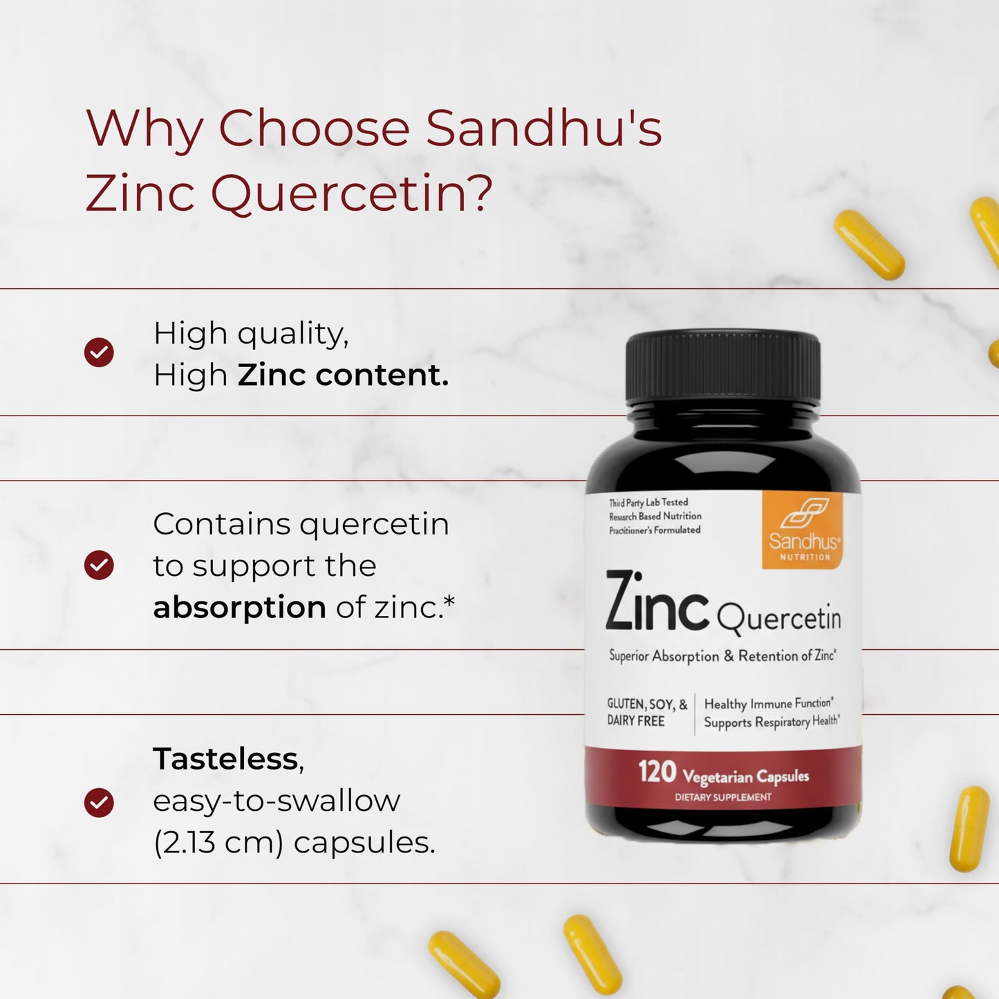 Sandhu's Zinc Quercetin 120 Veg Capsules (Pack of 1) | Immune Support & Antioxidant