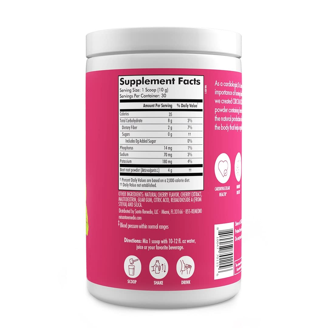 Santo Remedio Circulacion Plus – Beetroot Extract for Circulation & Heart Health, Cherry Flavor, Vegan, 30 Servings