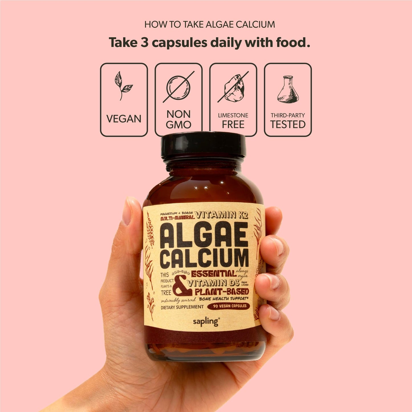 Sapling Calcium Supplement - Red Algae, K2 & D3, Vegan, 90 Capsules