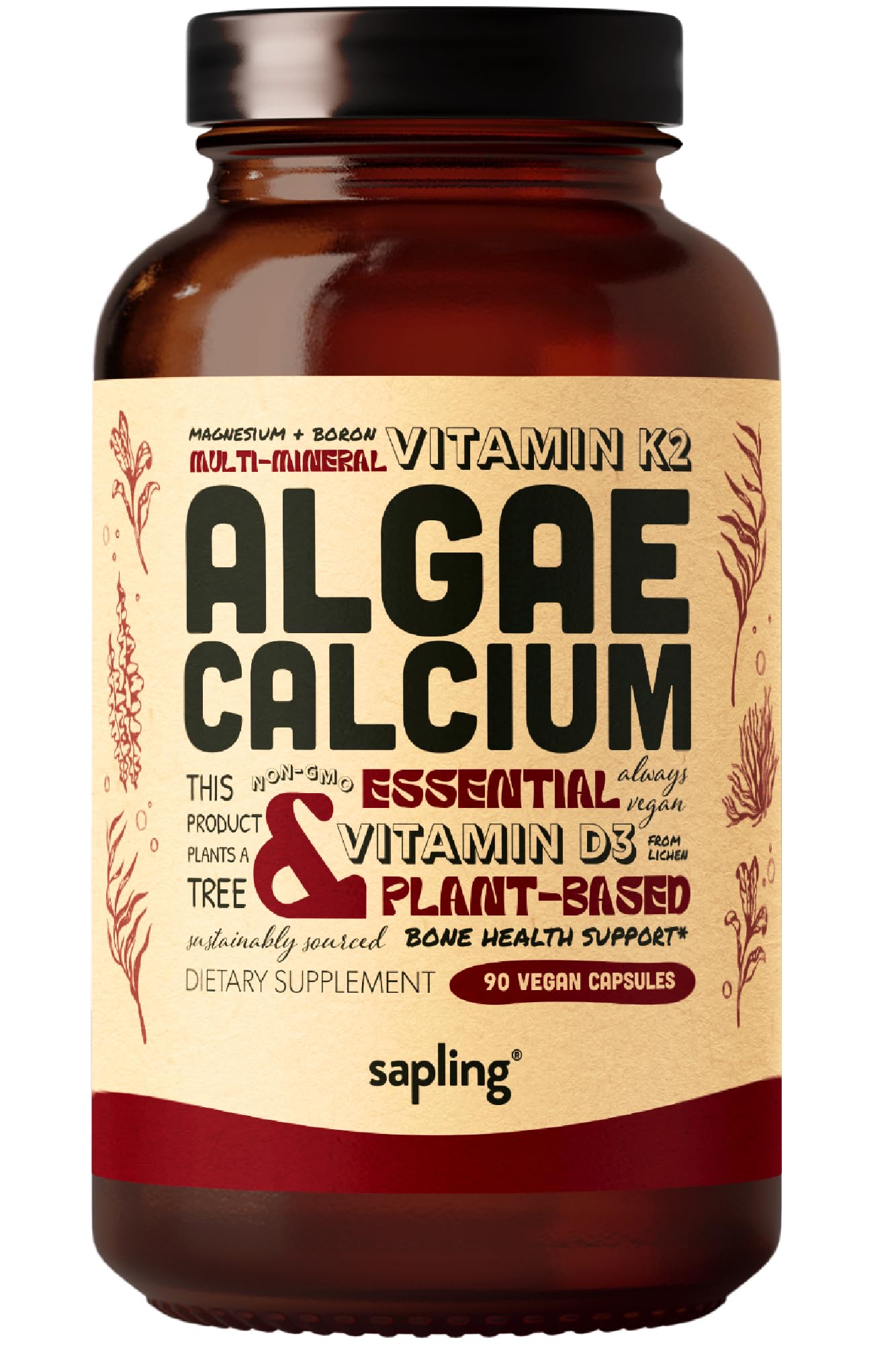 Sapling Calcium Supplement - Red Algae, K2 & D3, Vegan, 90 Capsules