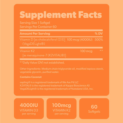 Sapling Vegan D3 + K2 with MCT Oil - 4000 IU D3, 100 mcg K2 Mk7 | 60 Softgels