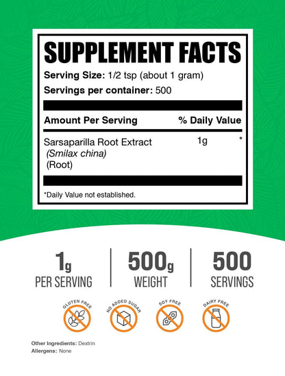BulkSupplements.com Sarsaparilla Root Extract Powder – 500 g (1.1 lb), 1 g Serving, Gluten Free