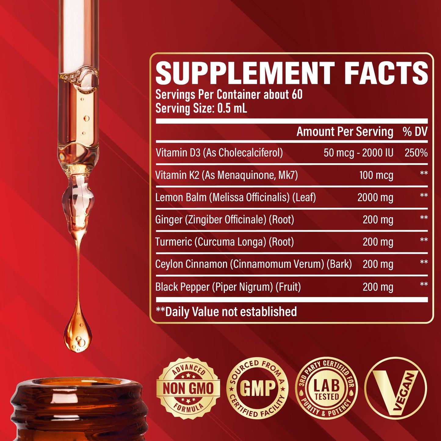 Satoomi 7in1 Lemon Balm Tincture with D3, K2, Ginger, Turmeric, Cinnamon & Black Pepper – 1 fl oz, 60 Day Supply