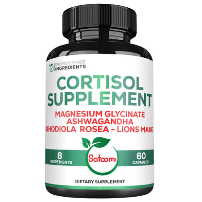 Satoomi 8in1 Cortisol Manager with Magnesium Glycinate, Ashwagandha, Rhodiola Rosea, Lions Mane & More – Cortisol Reducer Supplement Men & Women – 60 Capsules