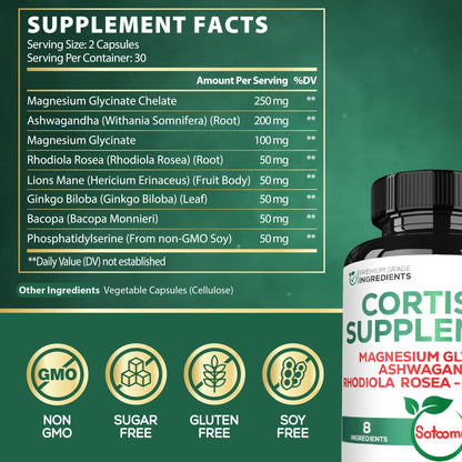 Satoomi 8in1 Cortisol Manager with Magnesium Glycinate, Ashwagandha, Rhodiola Rosea, Lions Mane & More – Cortisol Reducer Supplement Men & Women – 60 Capsules