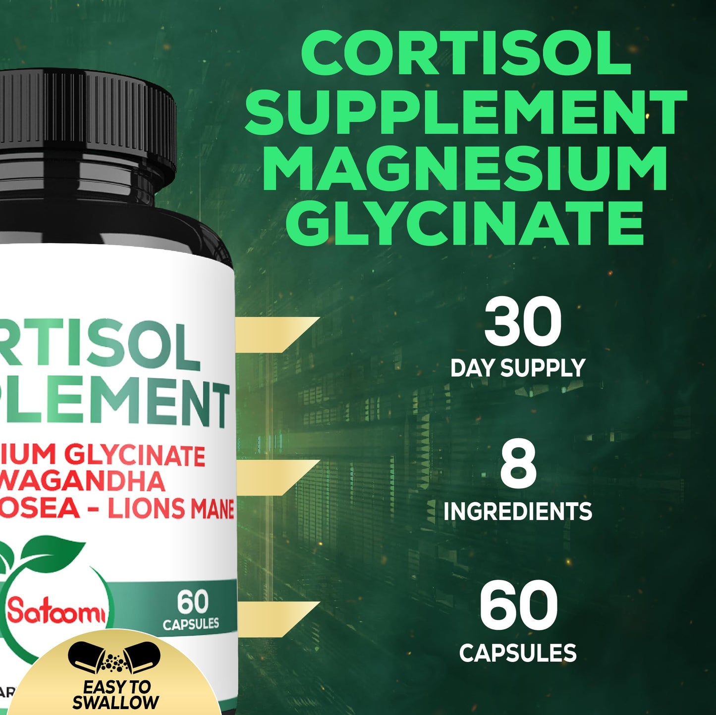 Satoomi 8in1 Cortisol Manager with Magnesium Glycinate, Ashwagandha, Rhodiola Rosea, Lions Mane & More – Cortisol Reducer Supplement Men & Women – 60 Capsules
