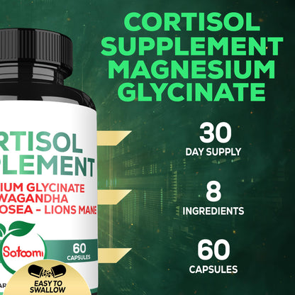 Satoomi 8in1 Cortisol Manager with Magnesium Glycinate, Ashwagandha, Rhodiola Rosea, Lions Mane & More – Cortisol Reducer Supplement Men & Women – 60 Capsules