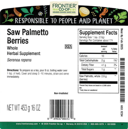 Frontier Co-op Saw Palmetto Berries 1lb Bulk Bag – Whole, Wildcrafted, Rich in Fatty Acids