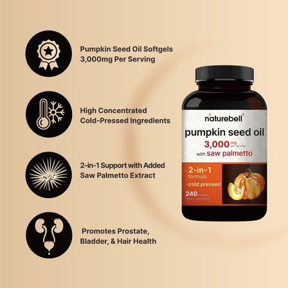 Virgin Pumpkin Seed Oil 3,000mg + Saw Palmetto – Cold-Pressed, Non-GMO | Prostate & Bladder Support, 240 Softgels