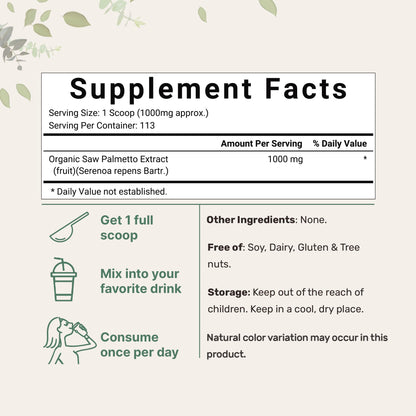 Sustainably Grown Organic Saw Palmetto Powder, 4 oz – Prostate & Hair Growth Supplement