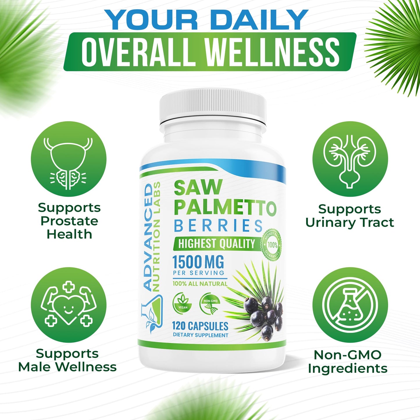 Advanced Nutrition Labs Saw Palmetto 1500 mg – Prostate Health, Hair Support & DHT Blocker | 120 Vegan Capsules