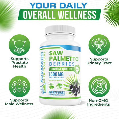 Advanced Nutrition Labs Saw Palmetto 1500 mg – Prostate Health, Hair Support & DHT Blocker | 120 Vegan Capsules