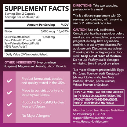 Saw Palmetto for Women with Biotin 5000mcg | DHT Blocker for Hair, Skin & Nails