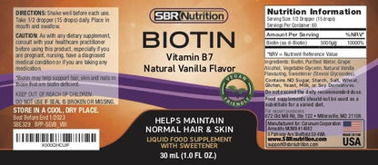 Biotin Liquid Drops by SBR Nutrition – 5000mcg/Serving, Vanilla, 60 Servings
