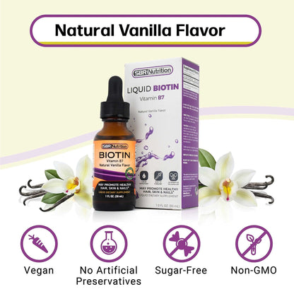 Biotin Liquid Drops by SBR Nutrition – 5000mcg/Serving, Vanilla, 60 Servings