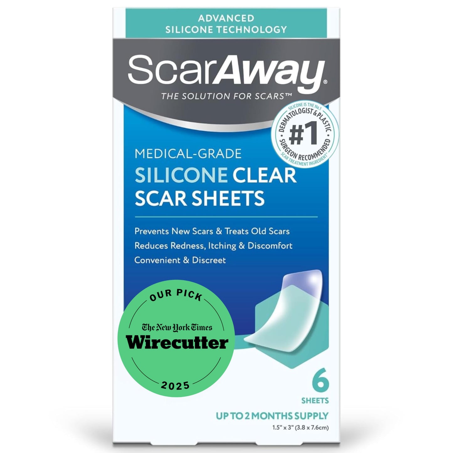 ScarAway Advanced Clear Silicone Scar Sheets (1.5 x 3 in) – 6 Medical-Grade Sheets