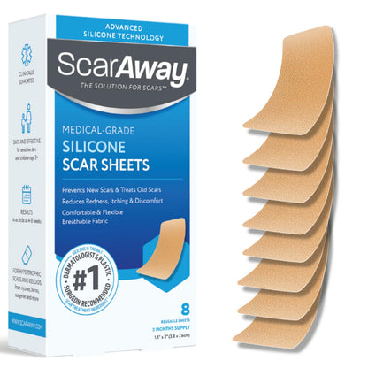 ScarAway Advanced Silicone Scar Sheets – Medical-Grade, Reusable 1.5x3 Inch Scar Treatment (8 Tan Sheets)