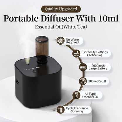 Scent Diffuser – Battery-Operated Waterless Essential Oil Diffuser, Mini Portable, 3 Mist Modes, 400 sq ft, Black