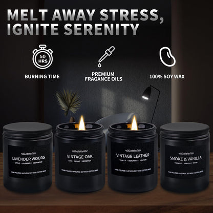 Scented Candle Set for Men - 28 oz, 200 Hour Burn, 4 Pack Soy Candles