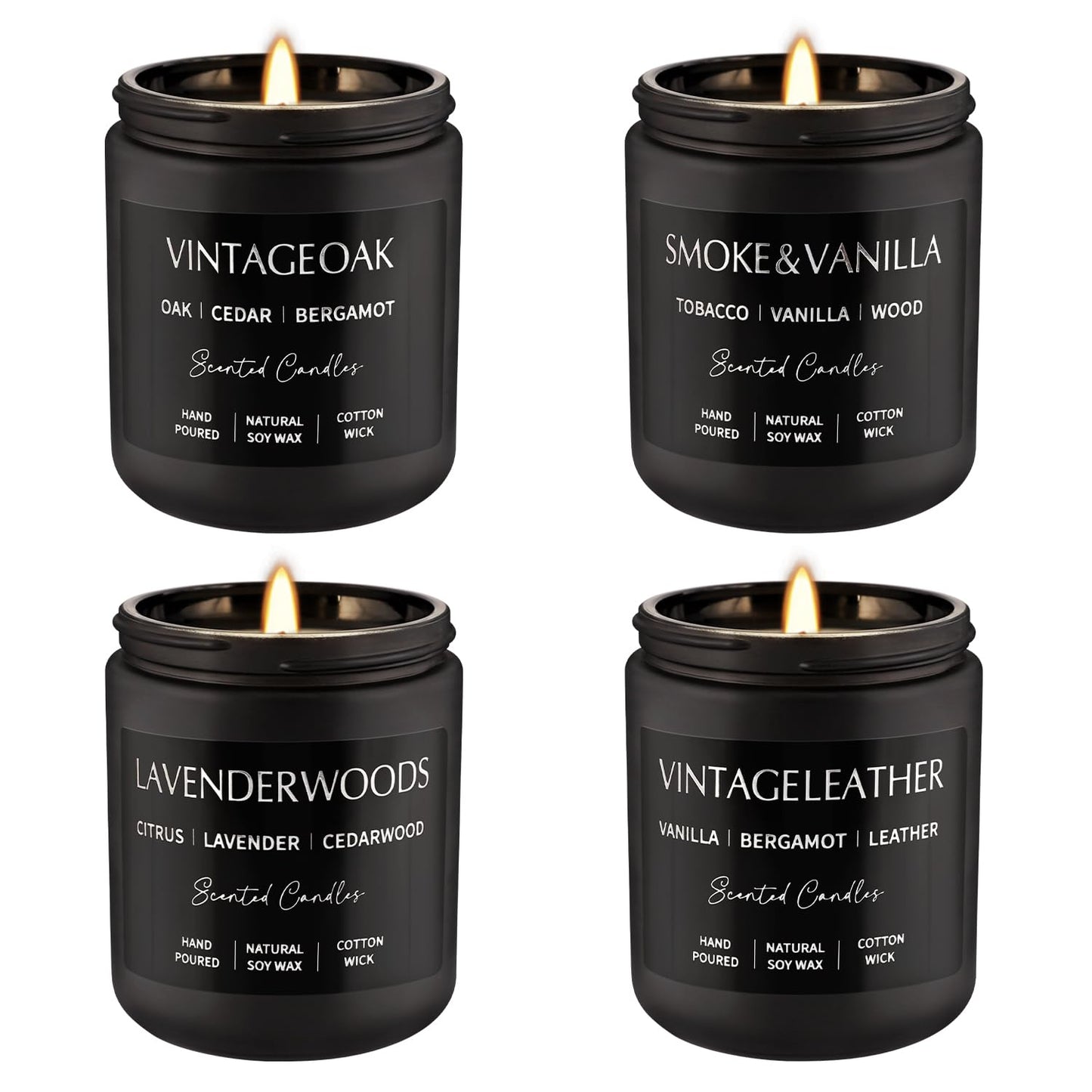 Scented Candles Gift Set - 4 Pack (7oz Each) Soy Wax Aromatherapy Candles | Leather & Smoke, Vanilla Oakmoss, Lavender