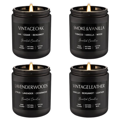 Scented Candles Gift Set - 4 Pack (7oz Each) Soy Wax Aromatherapy Candles | Leather & Smoke, Vanilla Oakmoss, Lavender