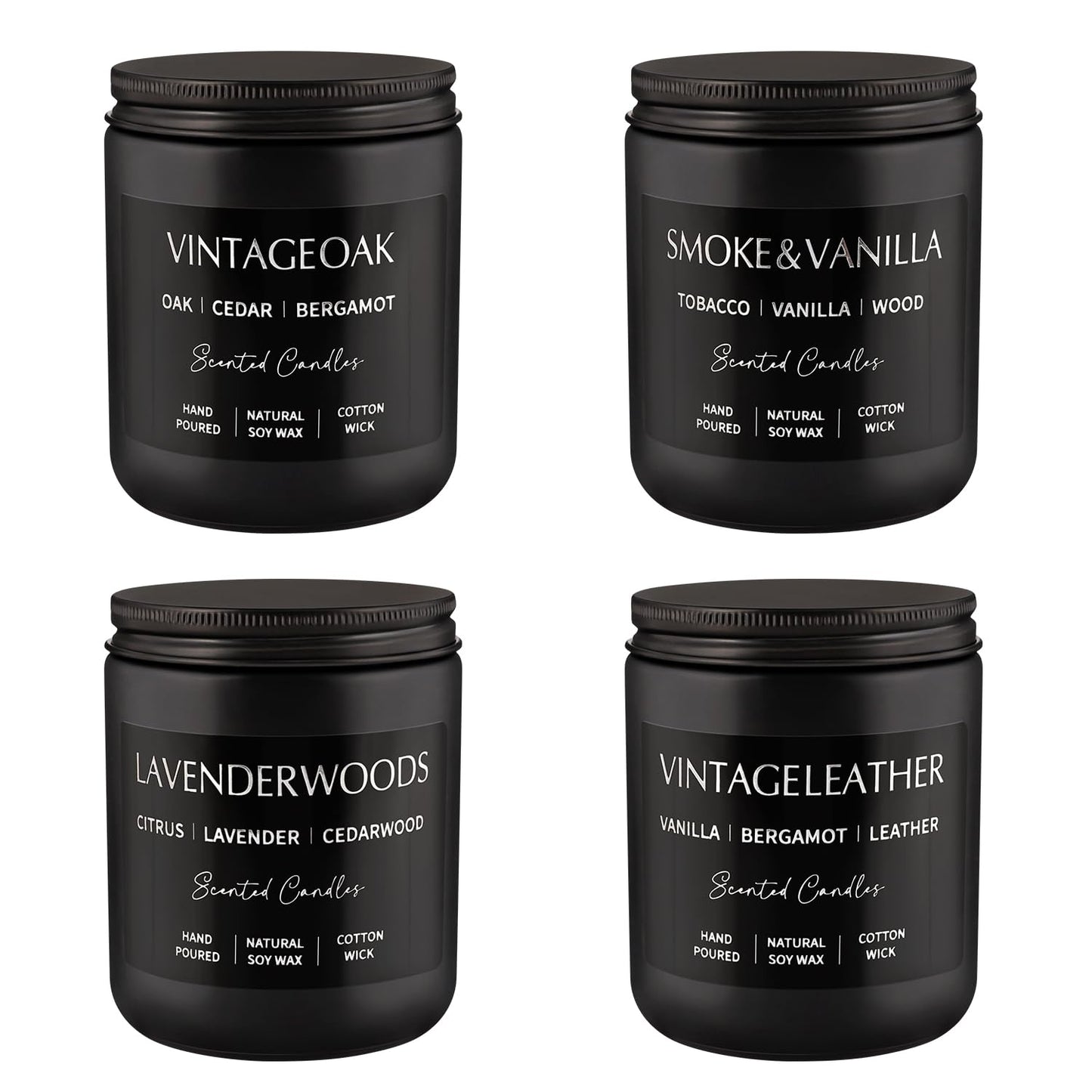 Scented Candles Gift Set - 4 Pack (7oz Each) Soy Wax Aromatherapy Candles | Leather & Smoke, Vanilla Oakmoss, Lavender