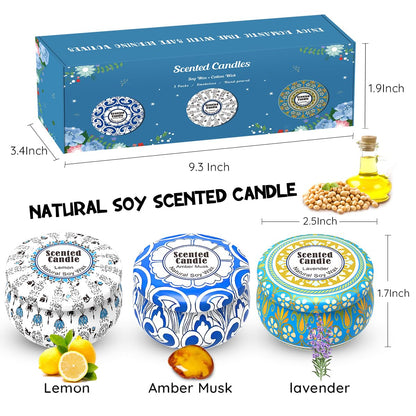 3-Pack Scented Candles Gift Set – 2.5oz Soy Travel Tin Candles (Amber Musk, Lemon, Lavender)