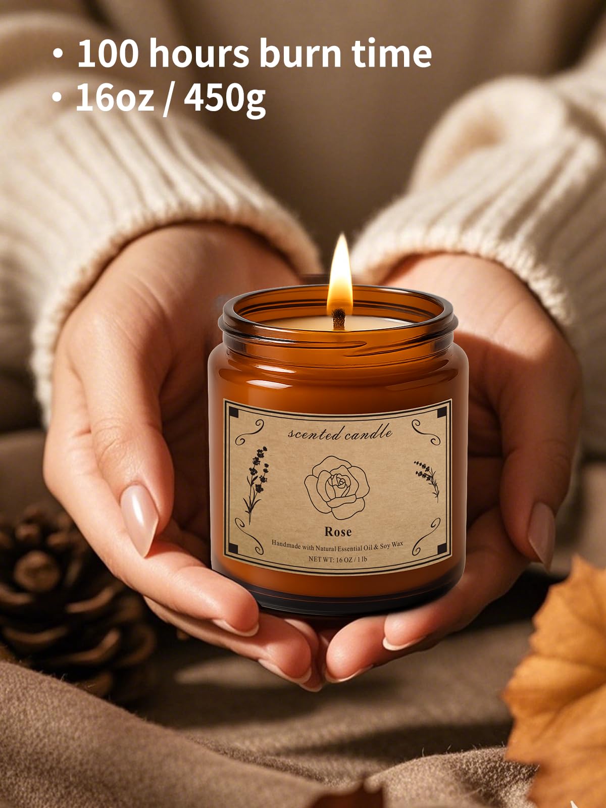 Scented Candles Gift – 16oz Rose Soy Wax Candle, 100 Hour Burn